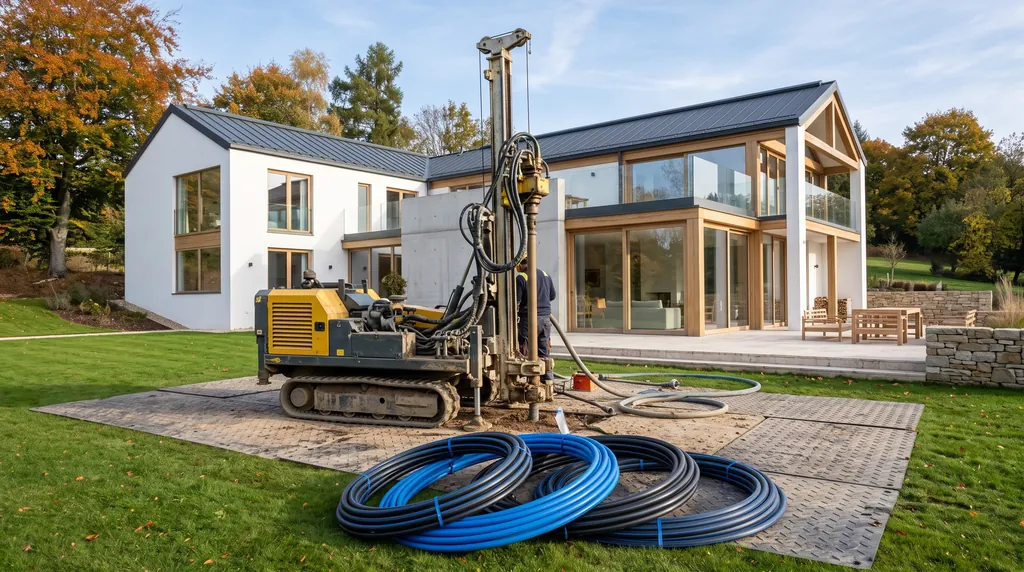 Small geothermal drilling rig in the garden of a modern house, borehole pipes coiled in front