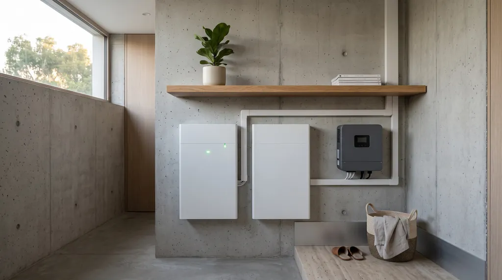 Two slim home battery modules and a hybrid inverter on a concrete wall in a tidy utility room