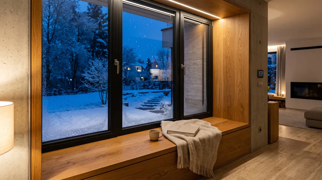 Triple-glazed window with a wide oak window seat on a snowy winter evening
