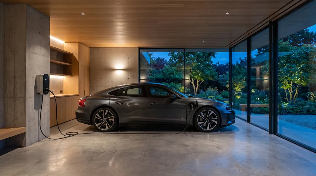 Electric car charging from a wall box in an architect-designed garage at blue hour