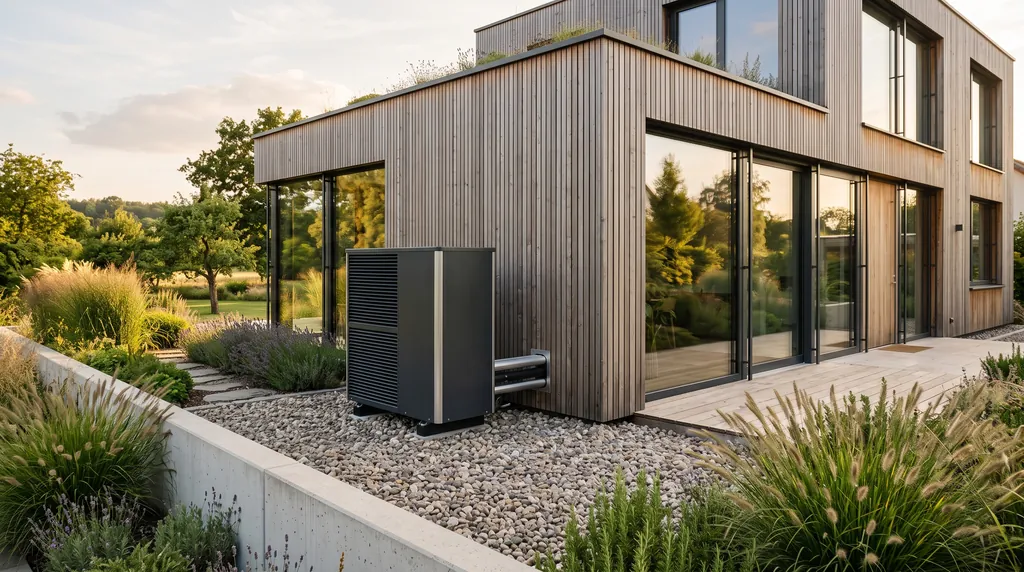 Air-to-water heat pump outdoor unit beside a timber-clad contemporary house