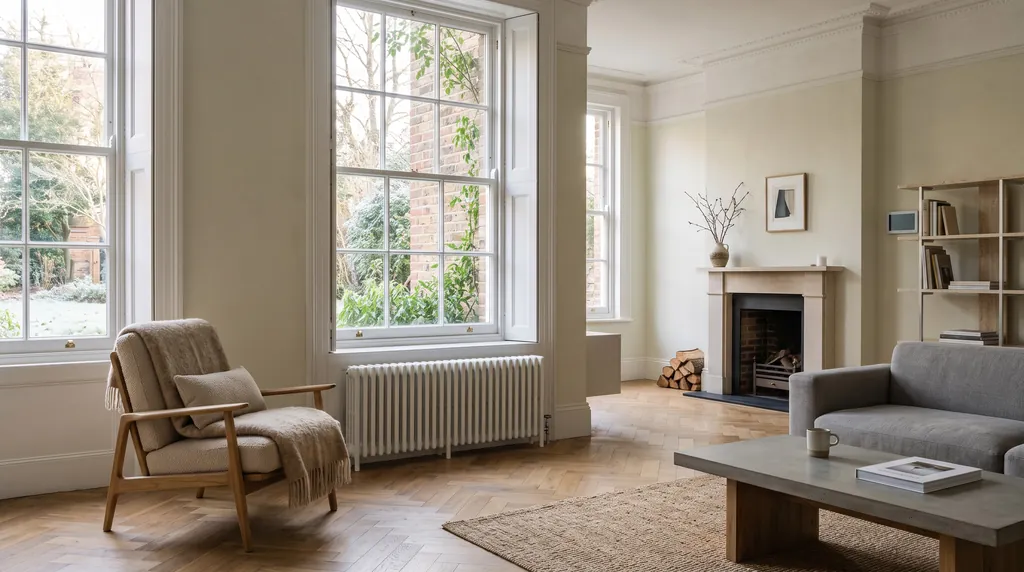Period living room with tall windows and a slim modern column radiator