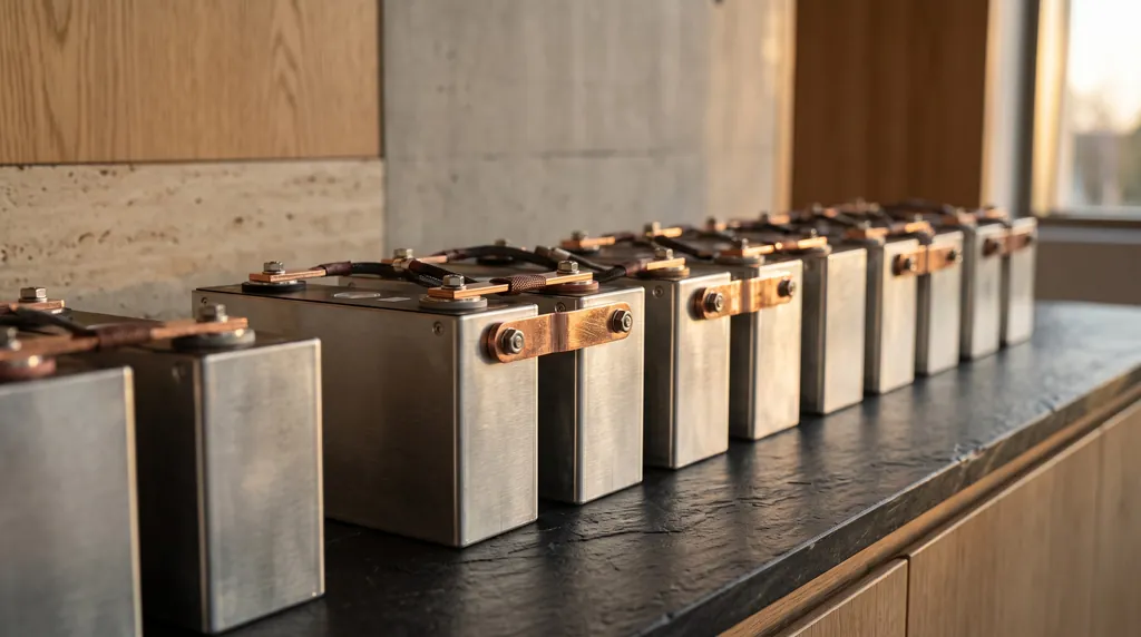 Prismatic battery cells with metal busbars lined up on a dark workbench