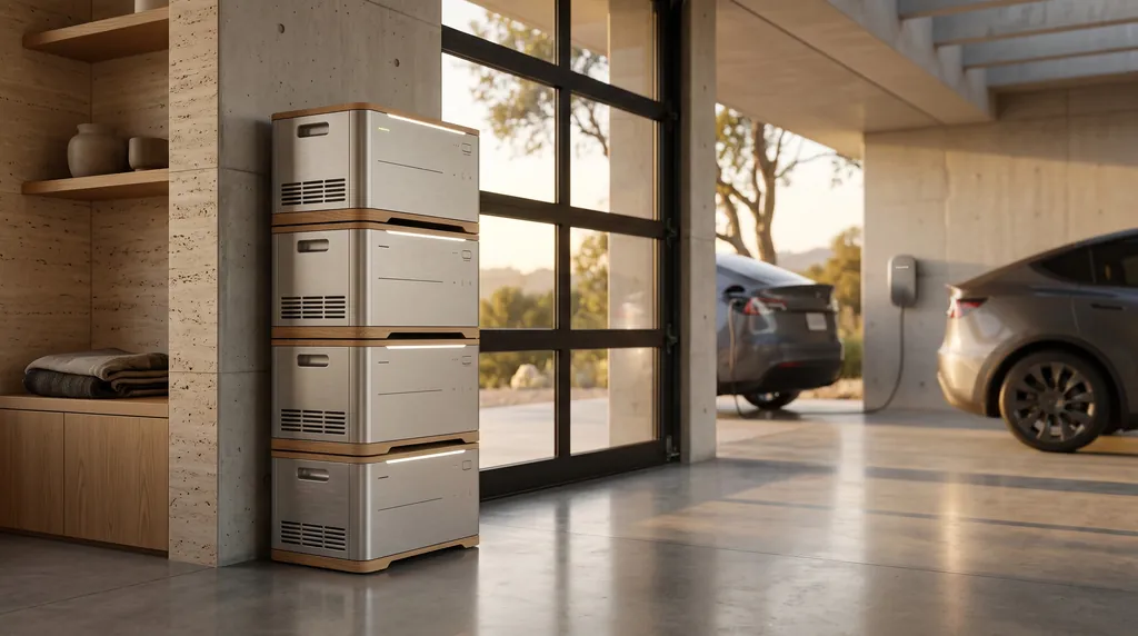 Stacked modular home battery in a modern garage at dusk, an electric car out of focus behind it
