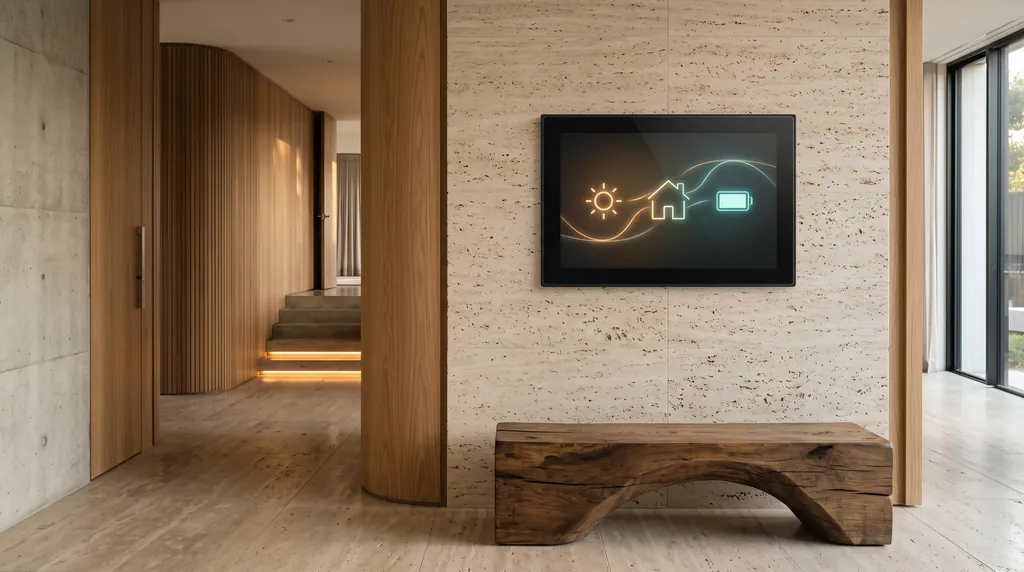 Wall-mounted home energy display in a contemporary hallway showing an abstract energy flow