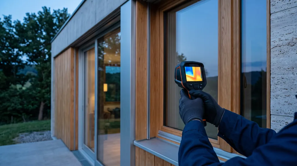 Thermal imaging camera pointed at a window frame of a house at dusk