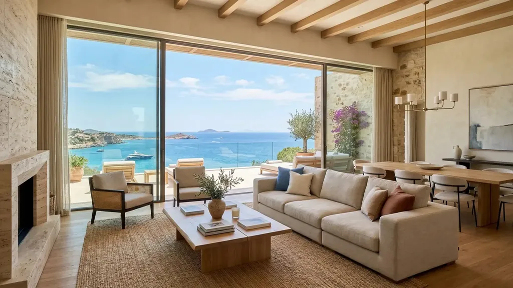 Light-filled living space with large glazing, oak beams and a coastal view