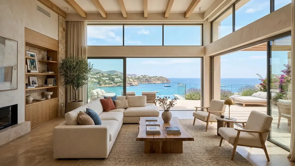 Bright open living room with floor-to-ceiling glazing and a view over the coast