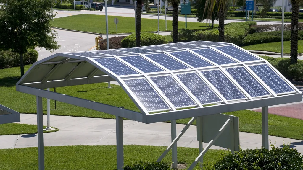 Curved solar canopy carport in a landscaped park