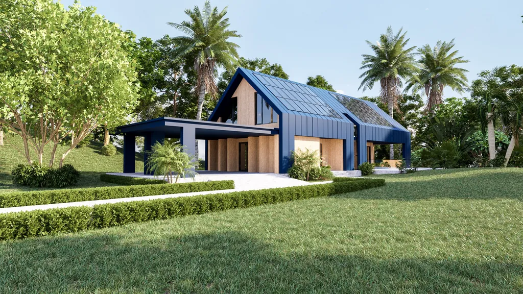 Contemporary gabled house with standing-seam roof and integrated solar panels in a landscaped garden