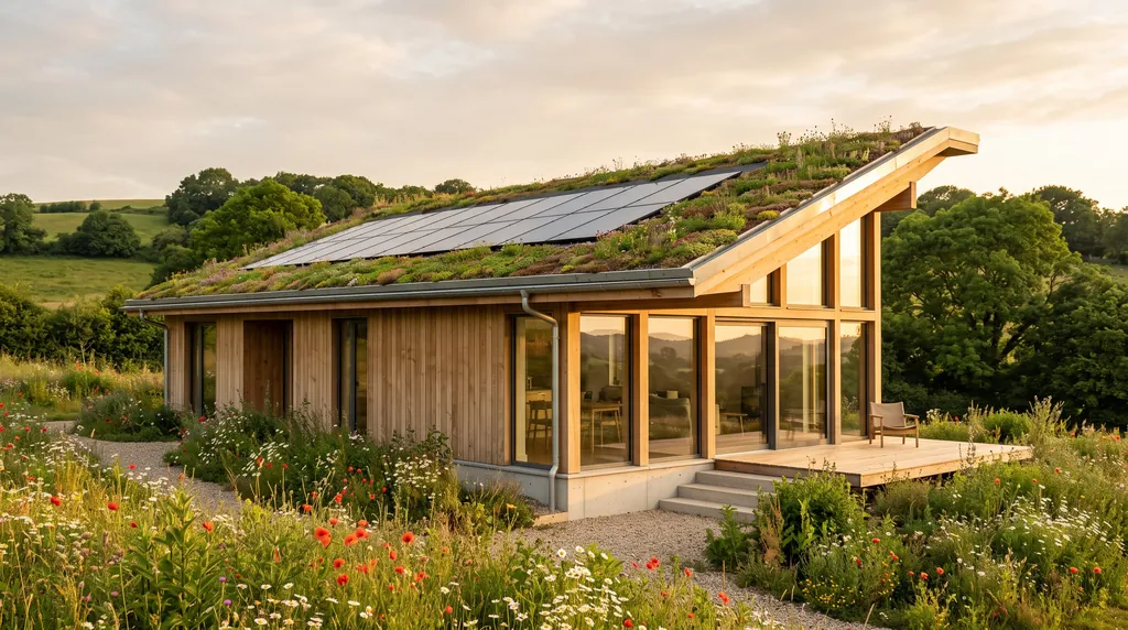 Timber passive house with green roof and integrated solar array in a meadow at golden hour