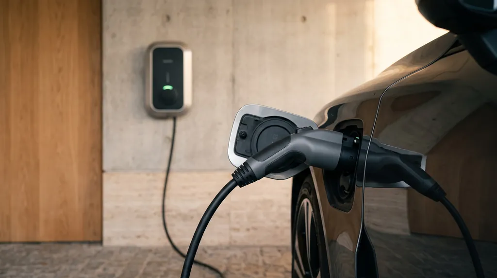 Charging cable plugged into an electric car with a wall box out of focus behind